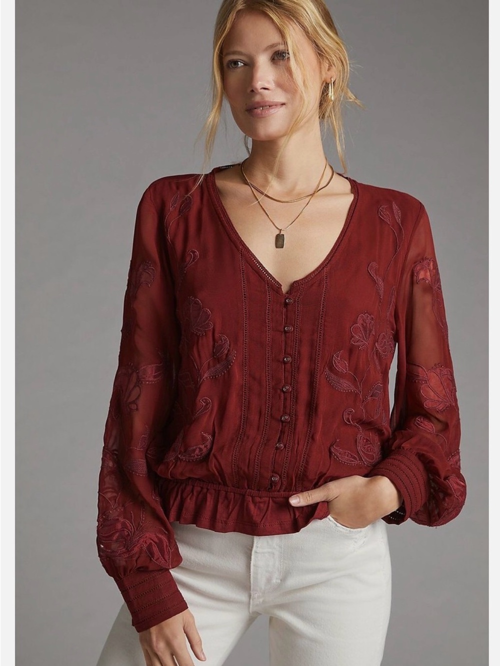 Anthropologie Embroidered Boho Floral Top medium - Picture 2 of 9